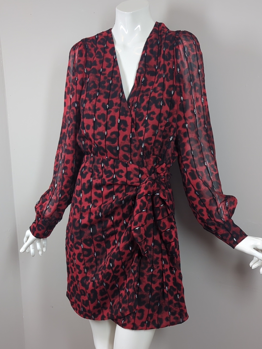 Elli White Red Leopard Print Dress Faux Wrap Sheer Metallic Mini Small